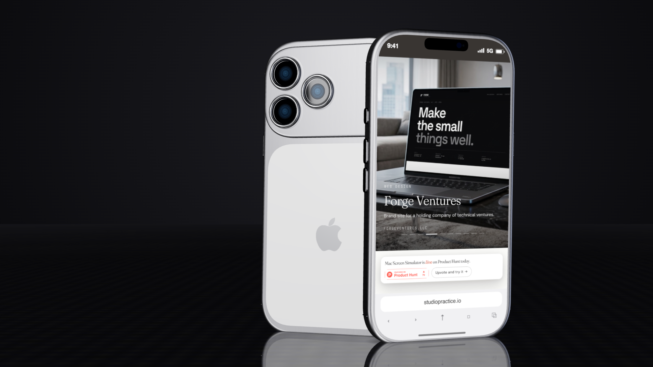A photoreal iPhone pair staged in a dark studio